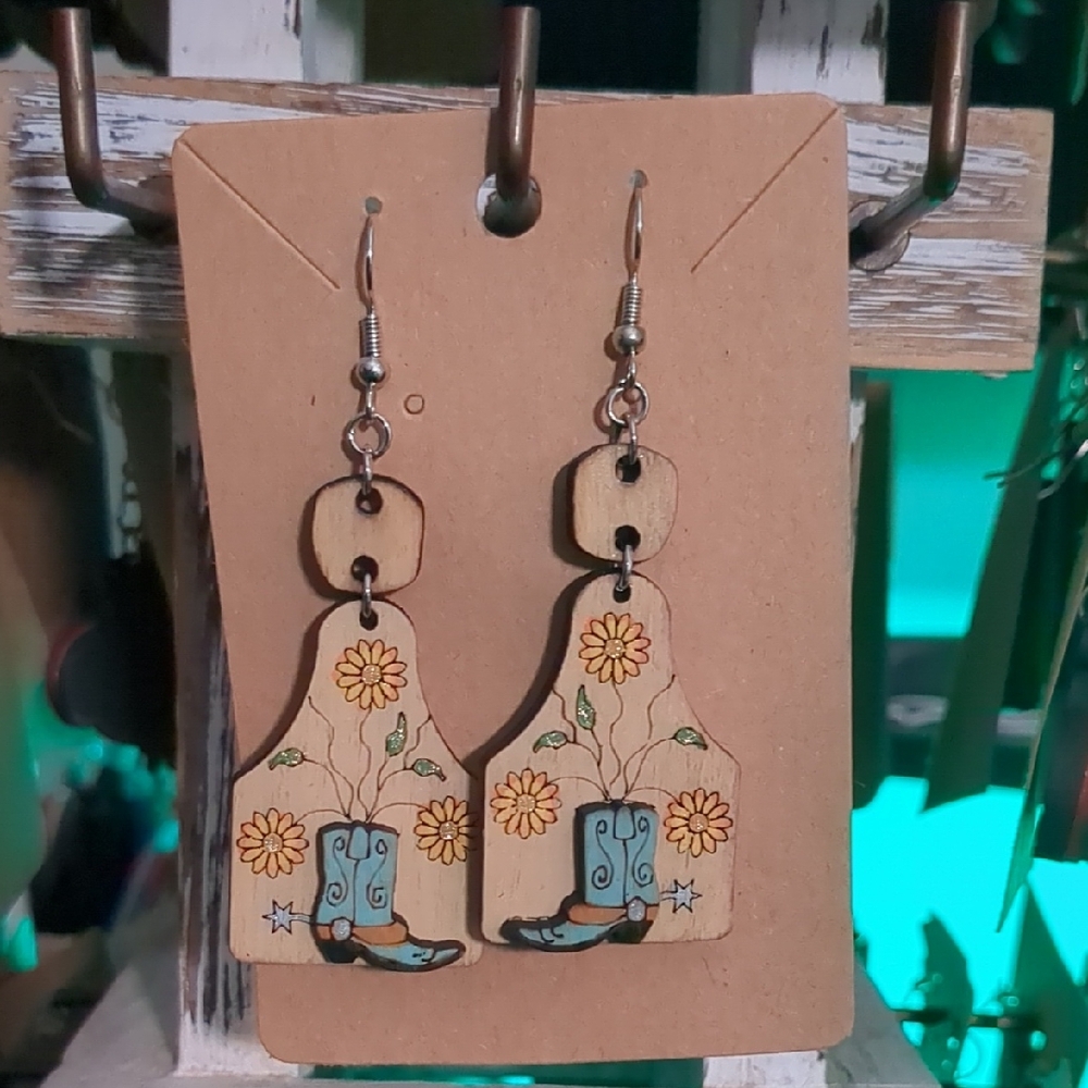 Hand Painted Cowboy Boot Dangle Earrings Western Floral Wooden Boho